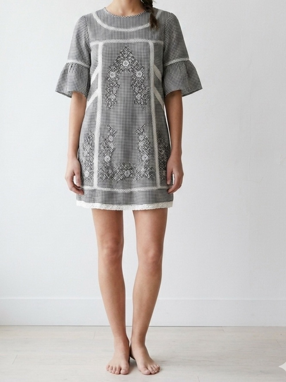 Free People Black & White Gingham Lace-Trim Top